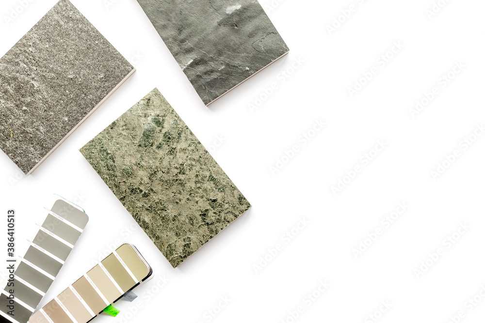 Interior design selection of material samples with color scheme. Top view
