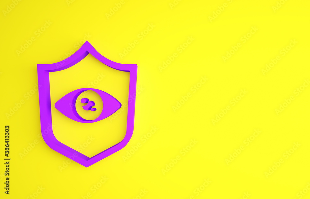 Purple Shield eye scan icon isolated on yellow background. Scanning eye. Security check symbol. Cybe