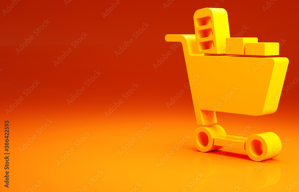 Yellow Shopping cart and food icon isolated on orange background. Food store, supermarket. Minimalis