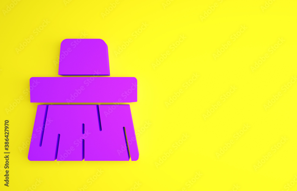 黄色背景上隔离的紫色手柄扫帚图标。清洁服务理念。极简主义理念