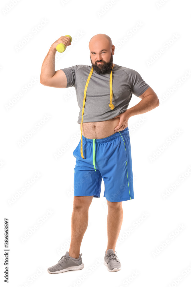 Overweight man with measuring tape and dumbbell on white background. Weight loss concept