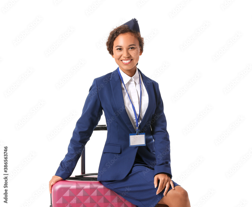 漂亮的非裔美国空姐，白底行李