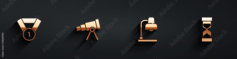 Set Medal, Telescope, Table lamp and Old hourglass with sand icon with long shadow. Vector.