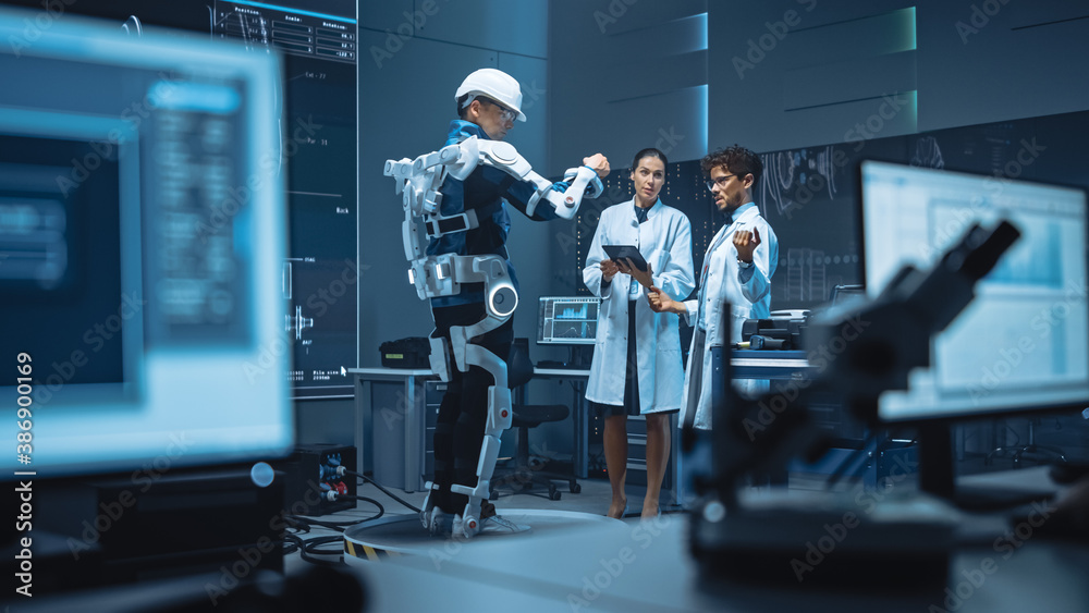 In Robotics Development Laboratory: Engineers and Scientists Work on a Bionics Exoskeleton Prototype