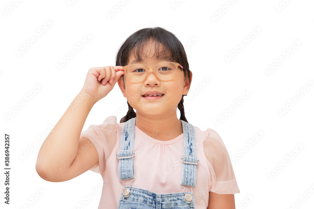 Happy little child wear glasses smiling and fun isolated over in the white background, Copy space