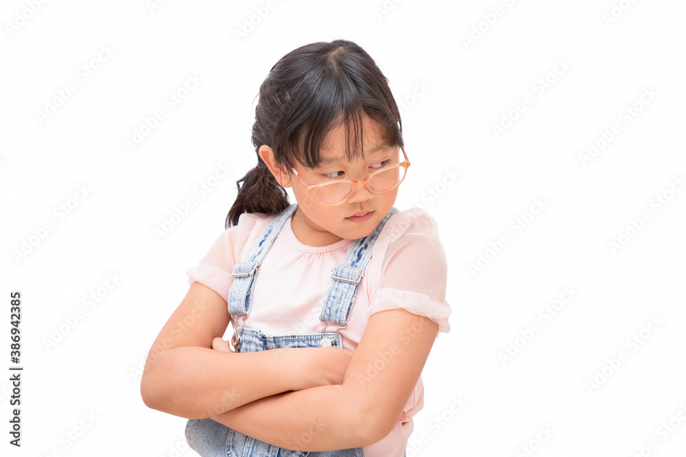 Happy little child wear glasses Has feelings unhappy isolated over in the white background, Copy spa