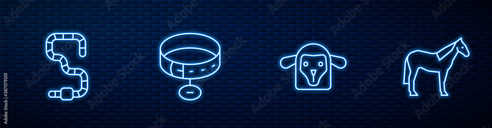 Set line Sheep head, Worm, Collar with name tag and Horse. Glowing neon icon on brick wall. Vector.