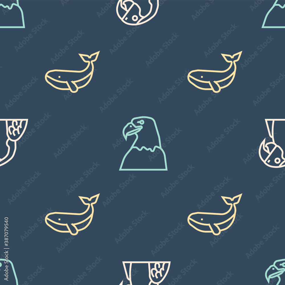 Set line Macaw parrot, Whale and Eagle head on seamless pattern. Vector.