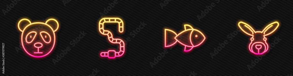 Set line Fish, Cute panda face, Worm and Rabbit head. Glowing neon icon. Vector.