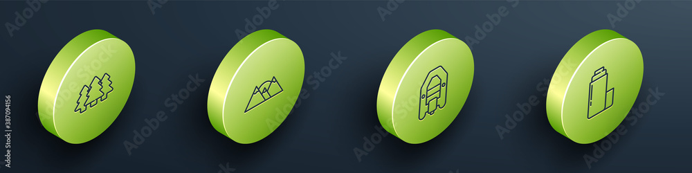 Set Isometric line Forest, Mountains, Rafting boat and Thermos container icon. Vector.