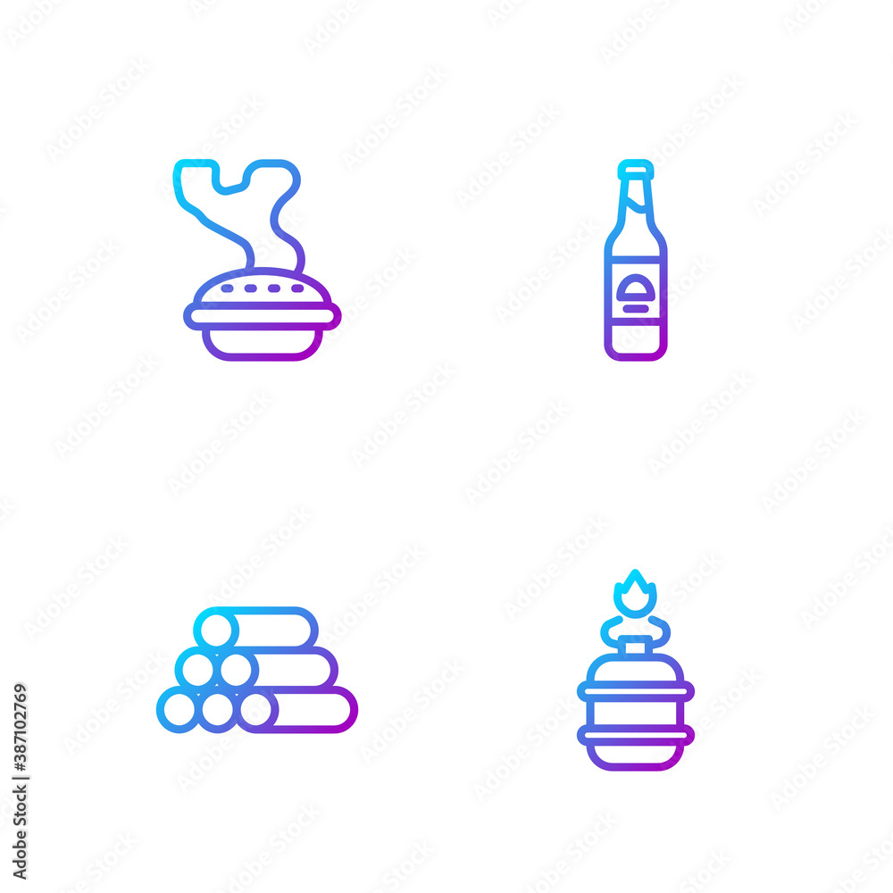 Set line Camping gas stove, Wooden logs, Homemade pie and Beer bottle. Gradient color icons. Vector.