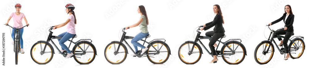 白色背景下骑自行车的运动型年轻女子