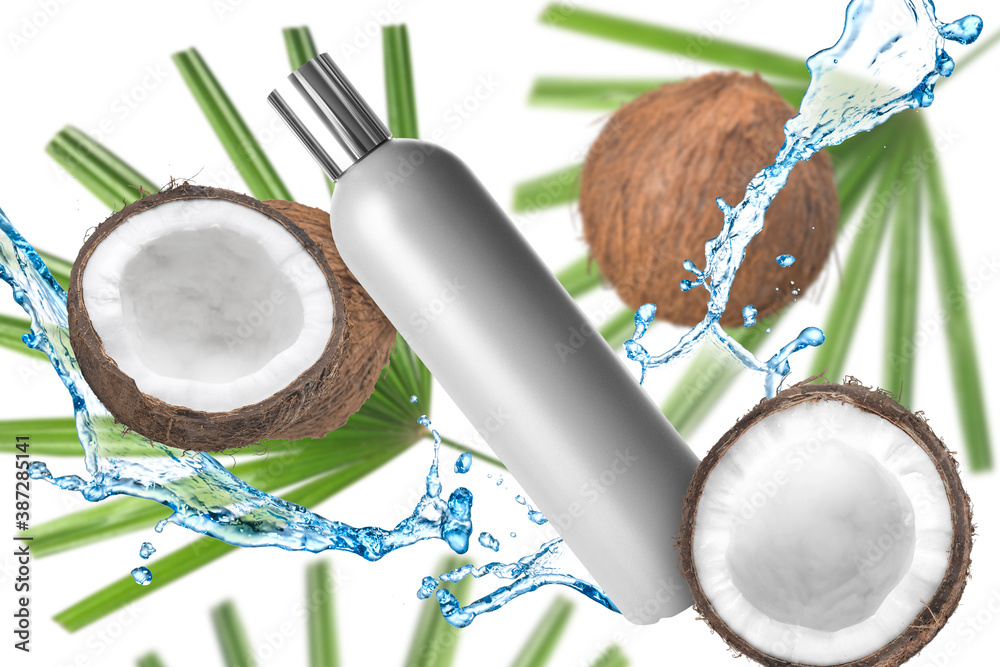 Composition with bottle of shampoo, splashes and coconuts on white background