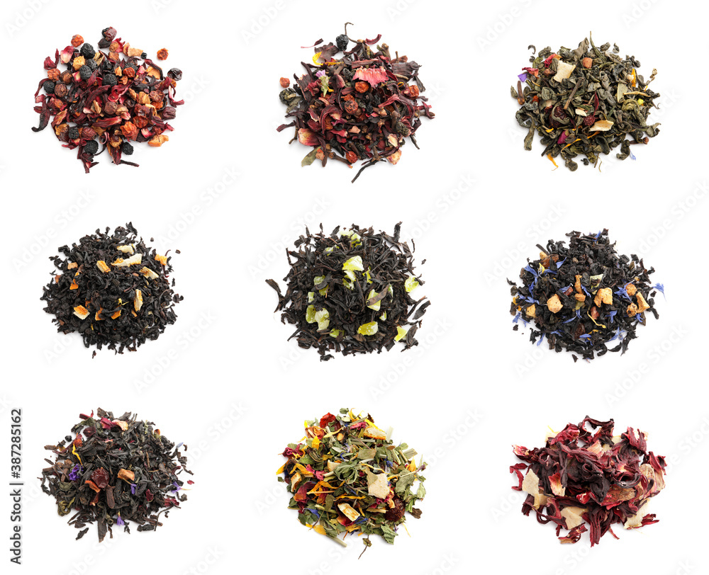 Different fruit tea on white background