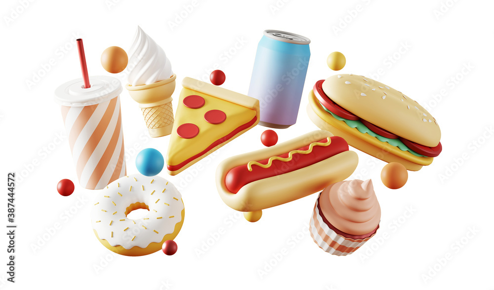 Minimal background for fast food concept. Food and beverage on white background. 3d rendering illust
