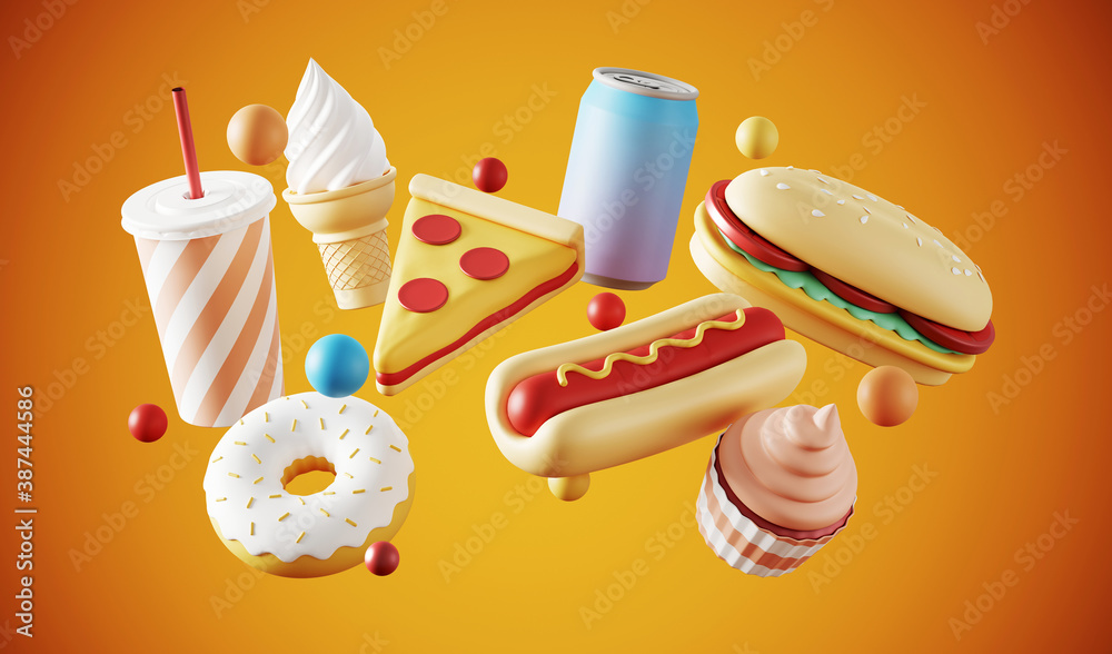 Minimal background for fast food concept. Food and beverage on orange background. 3d rendering illus