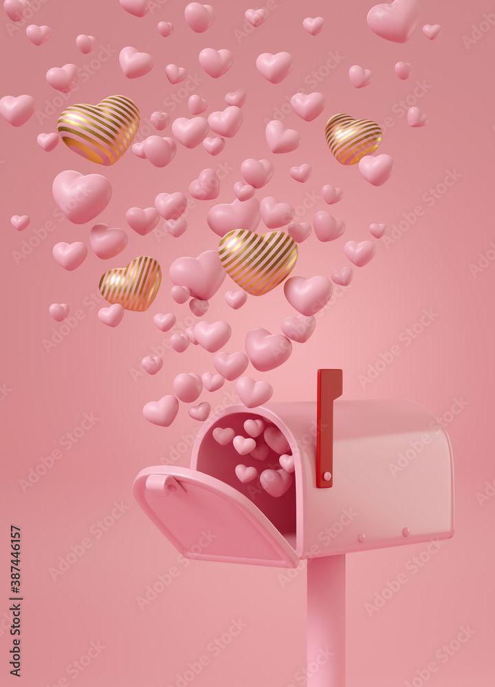 Minimal happiness object for love, wedding and valentine concept. Pink mailbox with golden stripe he