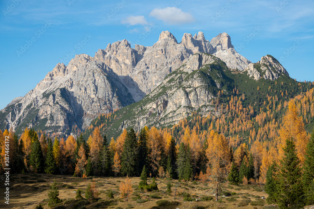 Beautiful rocky mountain in Dolomites towers above scenic forest turning leaves.