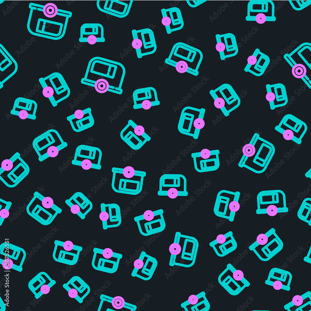 Line Rv Camping trailer icon isolated seamless pattern on black background. Travel mobile home, cara