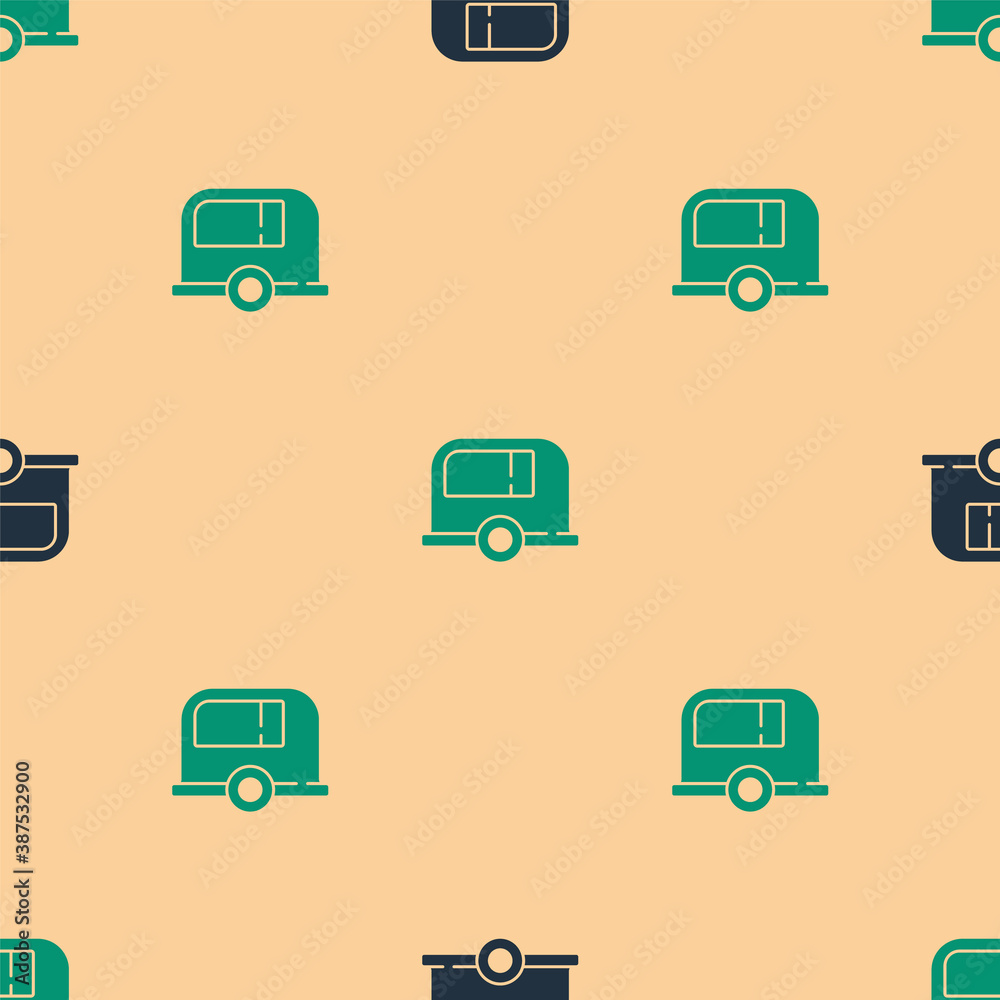 Green and black Rv Camping trailer icon isolated seamless pattern on beige background. Travel mobile