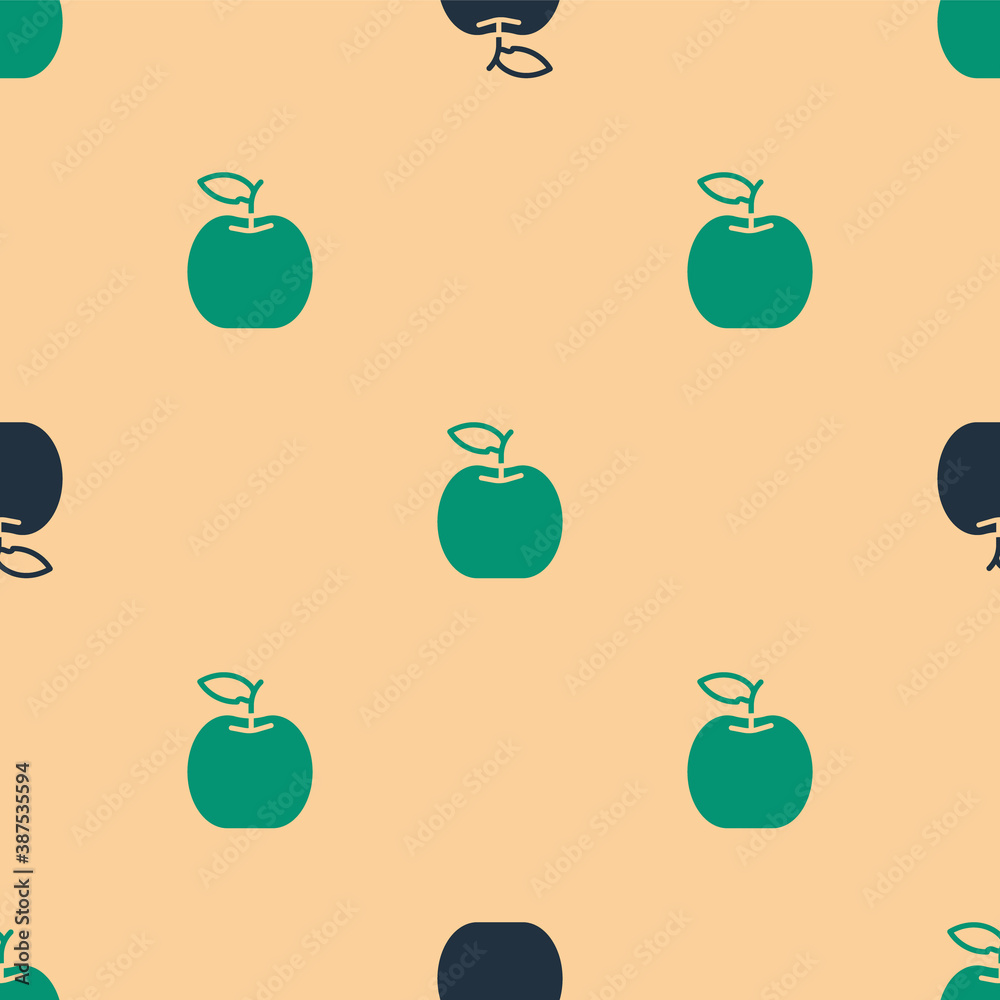 Green and black Apple icon isolated seamless pattern on beige background. Fruit with leaf symbol. Ve