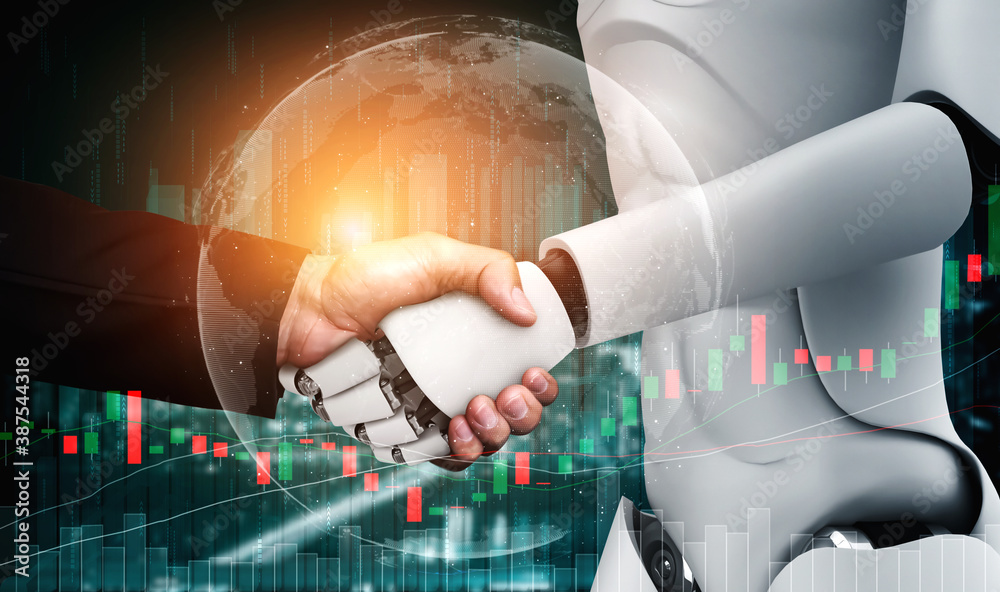 3D rendering humanoid robot handshake with stock market trading chart showing buy and sell decision 