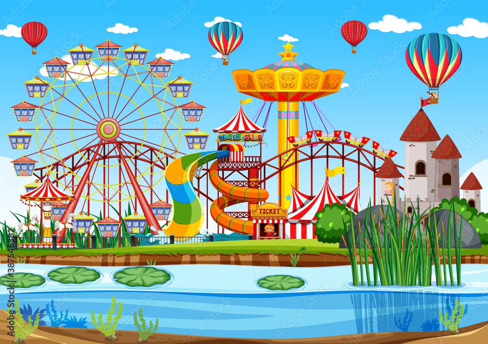 Amusement park with swamp scene at daytime with balloons in the sky