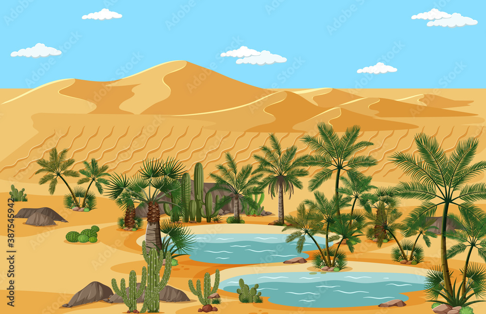 沙漠绿洲，棕榈树和仙人掌的自然景观场景