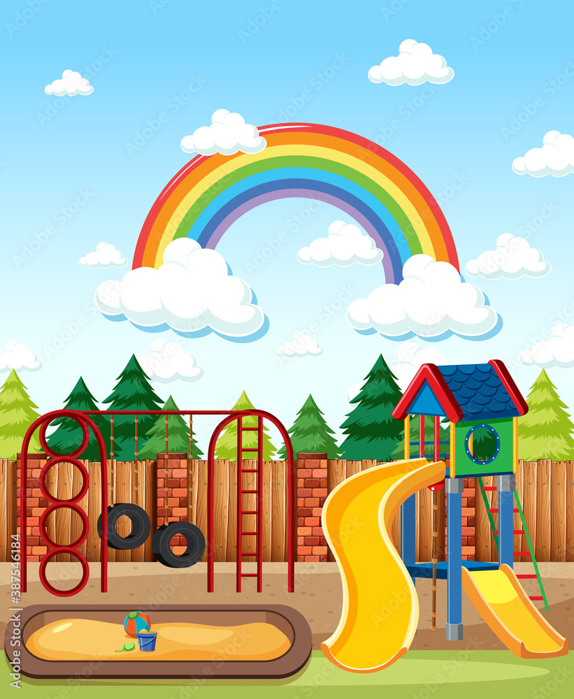 公园里的儿童游乐场，白天天空中有彩虹卡通风格