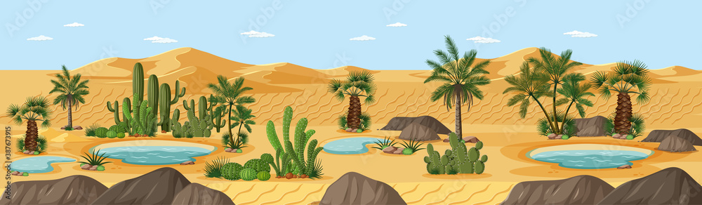 沙漠绿洲与棕榈树自然景观场景