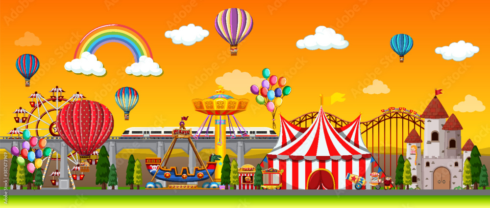 白天的游乐园场景，天空中有气球和彩虹