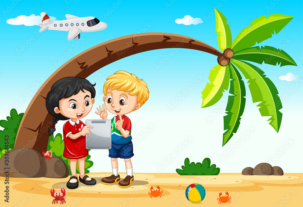 孩子们在海滩和飞机背景下旅行时使用平板电脑