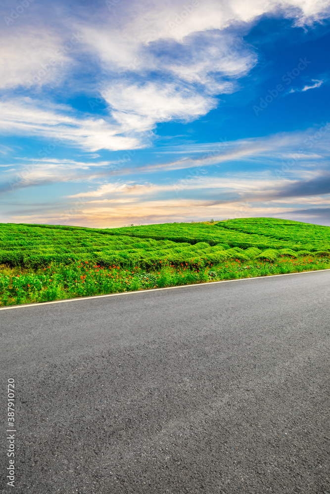 Countryside asphalt road and green tea plantations with mountain natural scenery in Hangzhou at sunr