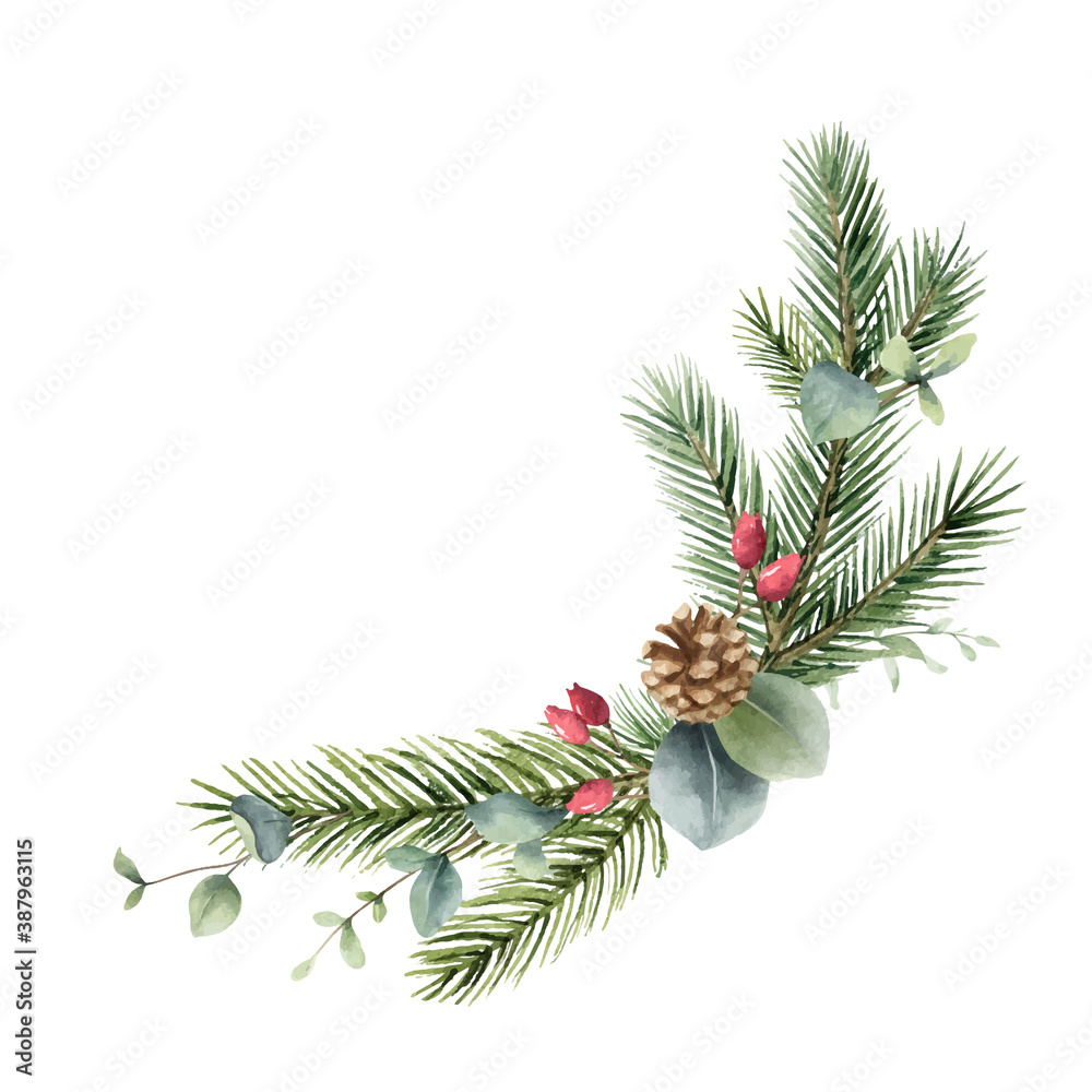 Watercolor vector Christmas wreath with fir branches, cone and eucalyptus.