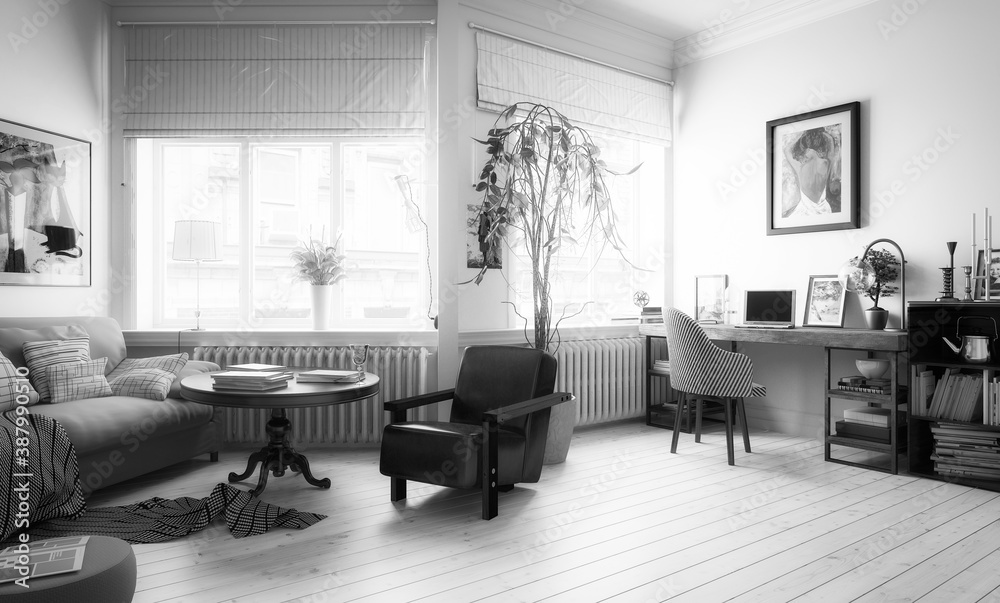 带家具的城市公寓-黑白三维可视化