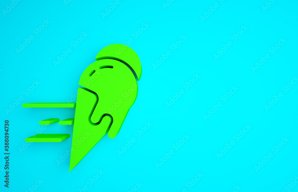 Green Online ordering and ice cream in waffle cone icon isolated on blue background. Sweet symbol. M