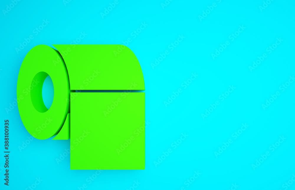蓝色背景上隔离的绿色卫生纸卷图标。极简主义概念。3d插图3d ren