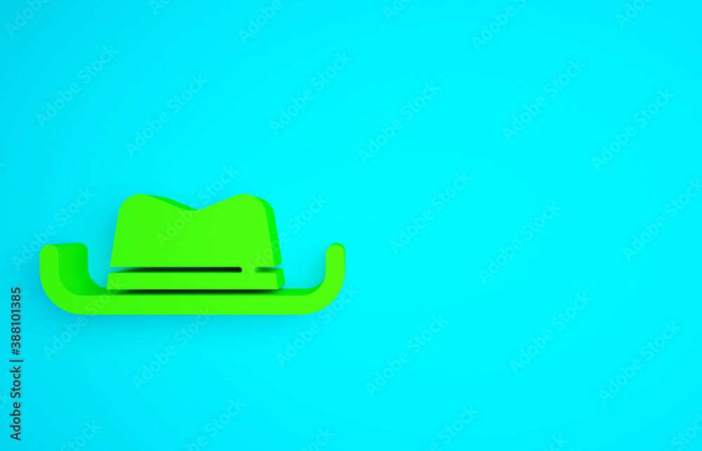 Green Western cowboy hat icon isolated on blue background. Minimalism concept. 3d illustration 3D re