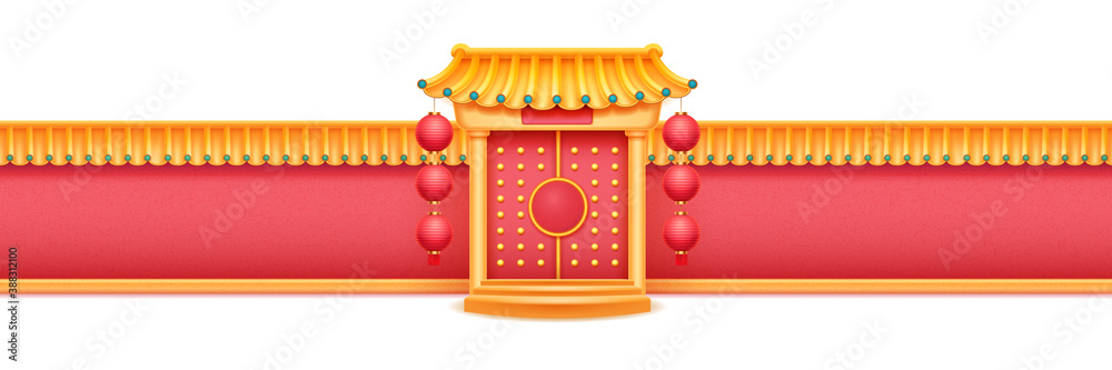 Temple with columns, lantern and gate with steps, surrounding wall with bamboo roof vector building 