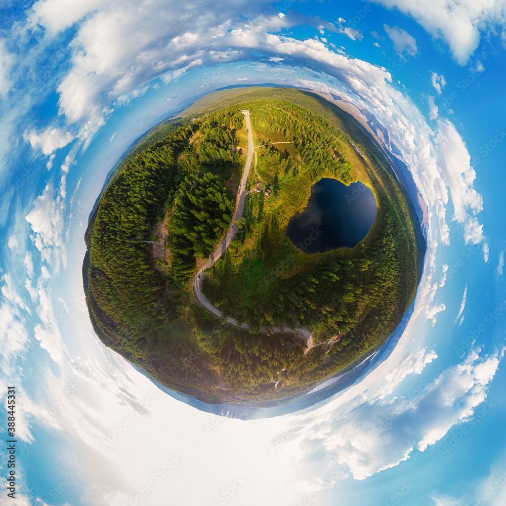 Little planet transformation of spherical panorama 360 degrees of the lake of Kidelyu near the Ulaga