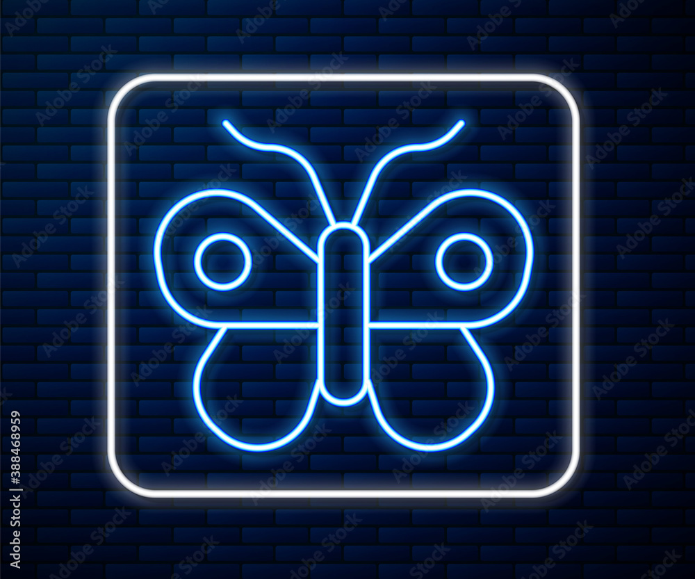 Glowing neon line Butterfly icon isolated on brick wall background. Vector.