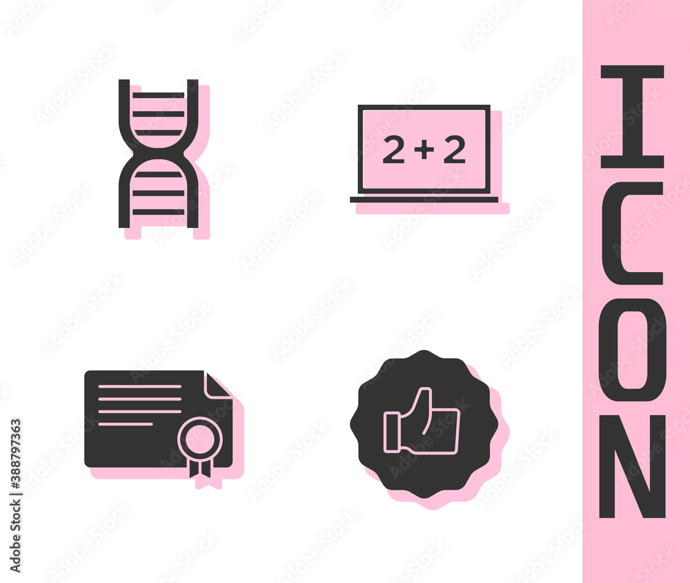 Set Hand thumb up, DNA symbol, Certificate template and Chalkboard icon. Vector.