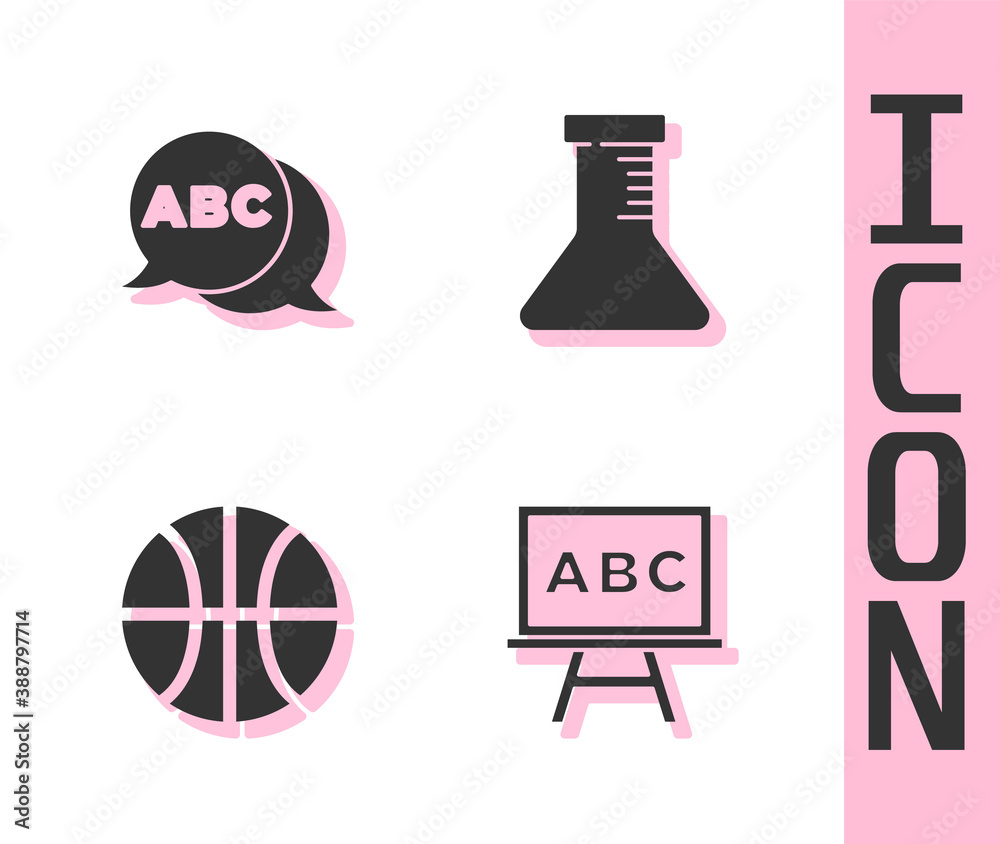 Set Chalkboard, Alphabet, Basketball ball and Test tube and flask icon. Vector.