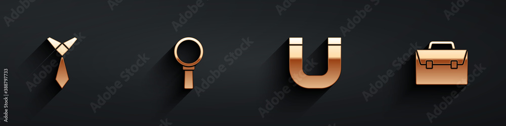 Set Tie, Magnifying glass, Magnet and Briefcase icon with long shadow. Vector.
