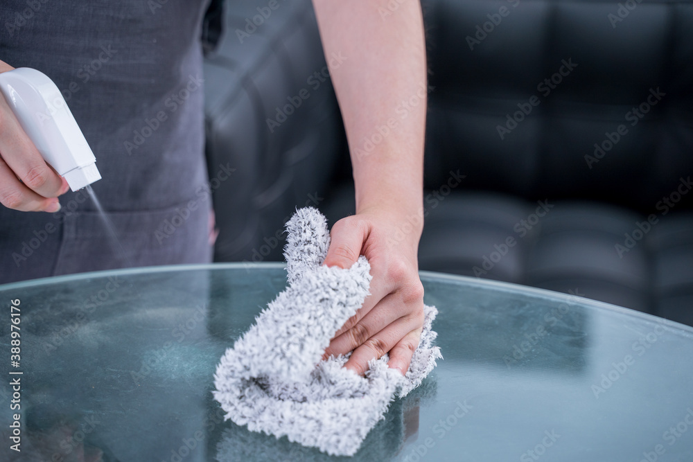 Woman housekeeper using rag and spraying bottle to clean the table surface.