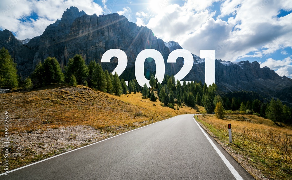 2021 New Year road trip travel and future vision concept . Nature landscape with highway road leadin