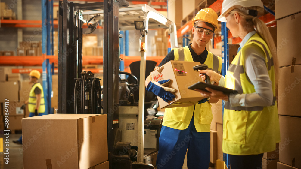 In Warehouse Manager Uses Digital Tablet and Scans Cardboard Boxes for Inventory, Talks with Forklif