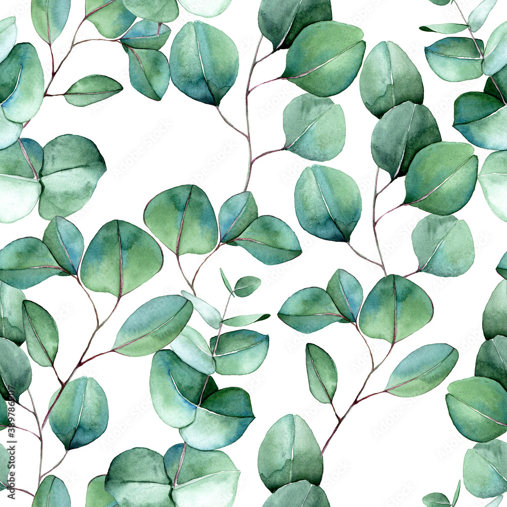 seamless pattern with watercolor eucalyptus leaves. green eucalyptus leaves on a white background. r