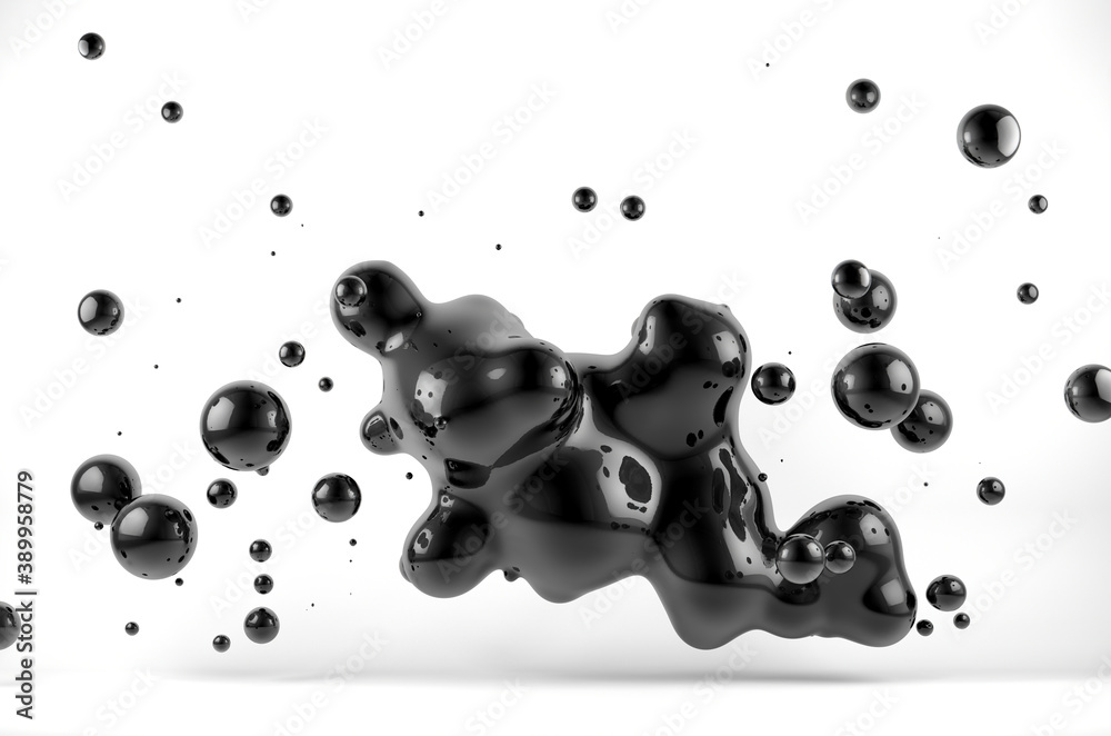 Ink or fluid shapes.Science physics and chemistry. Abstract black liquid drops background.3d illustr