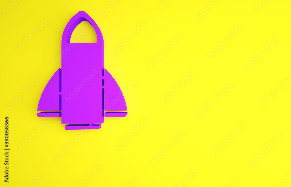 黄色背景上孤立的紫色火箭飞船图标。太空旅行。极简主义概念。3d插图